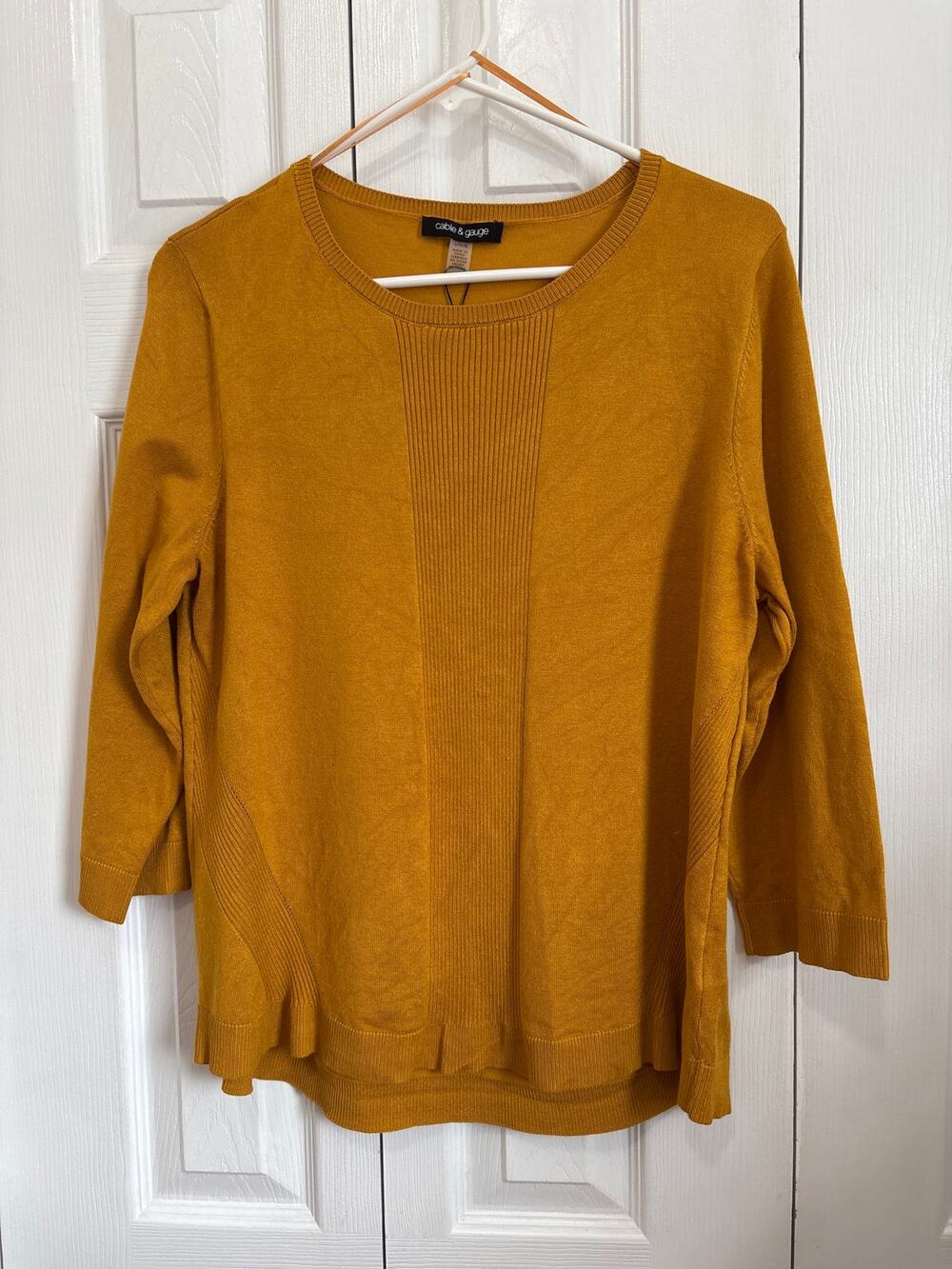 Cable & Gauge Mustard Yellow Mixed Knit 3/4 Sleeve Top Size Large